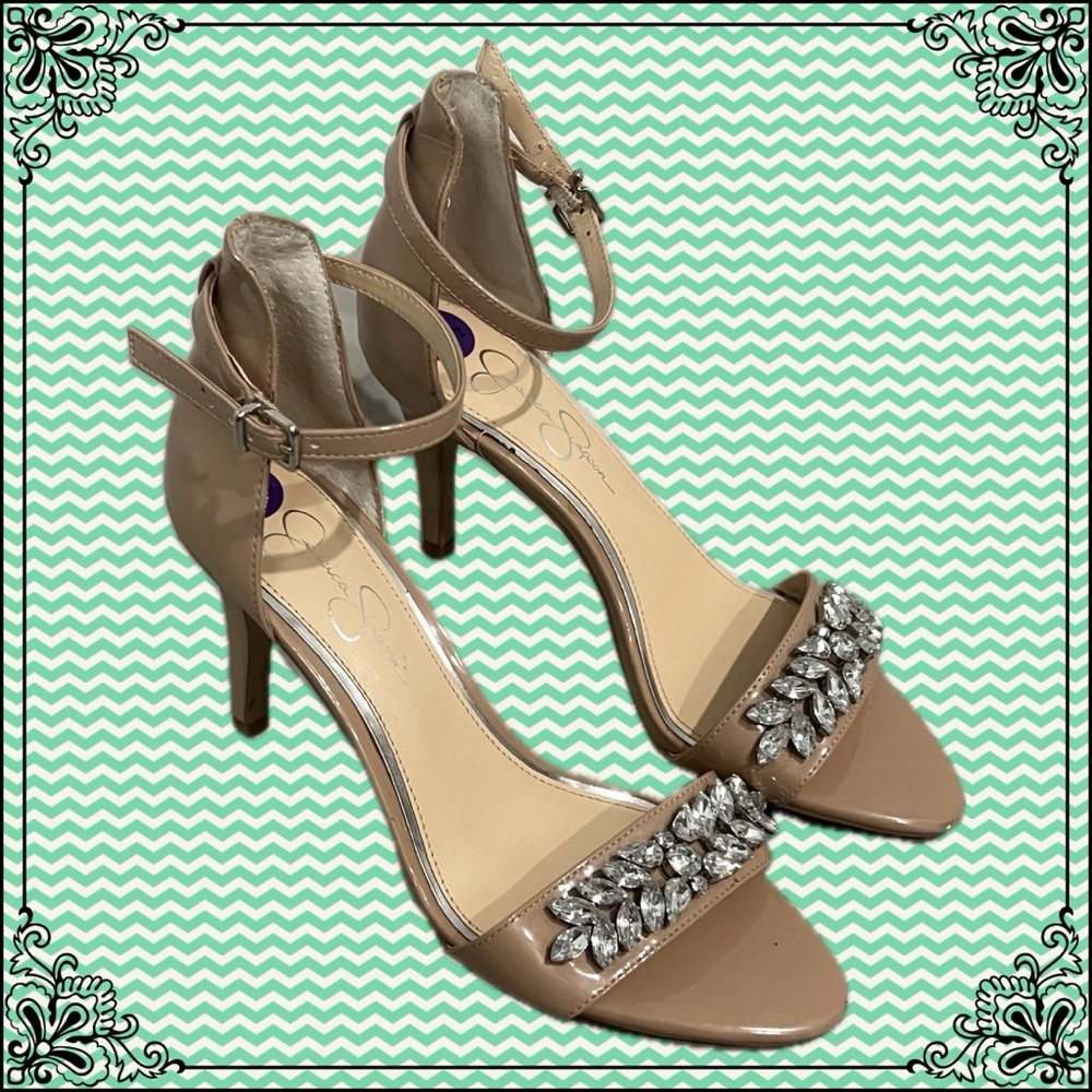 Jessica Simpson Maclin Nude/Tan Open Toed Pumps with Jewel Embellishments (NWOT)
